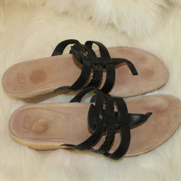 Ugg Australia   Maggie Black Strappy Leather Cork Wedge Sandals size 8 - Picture 6 of 9